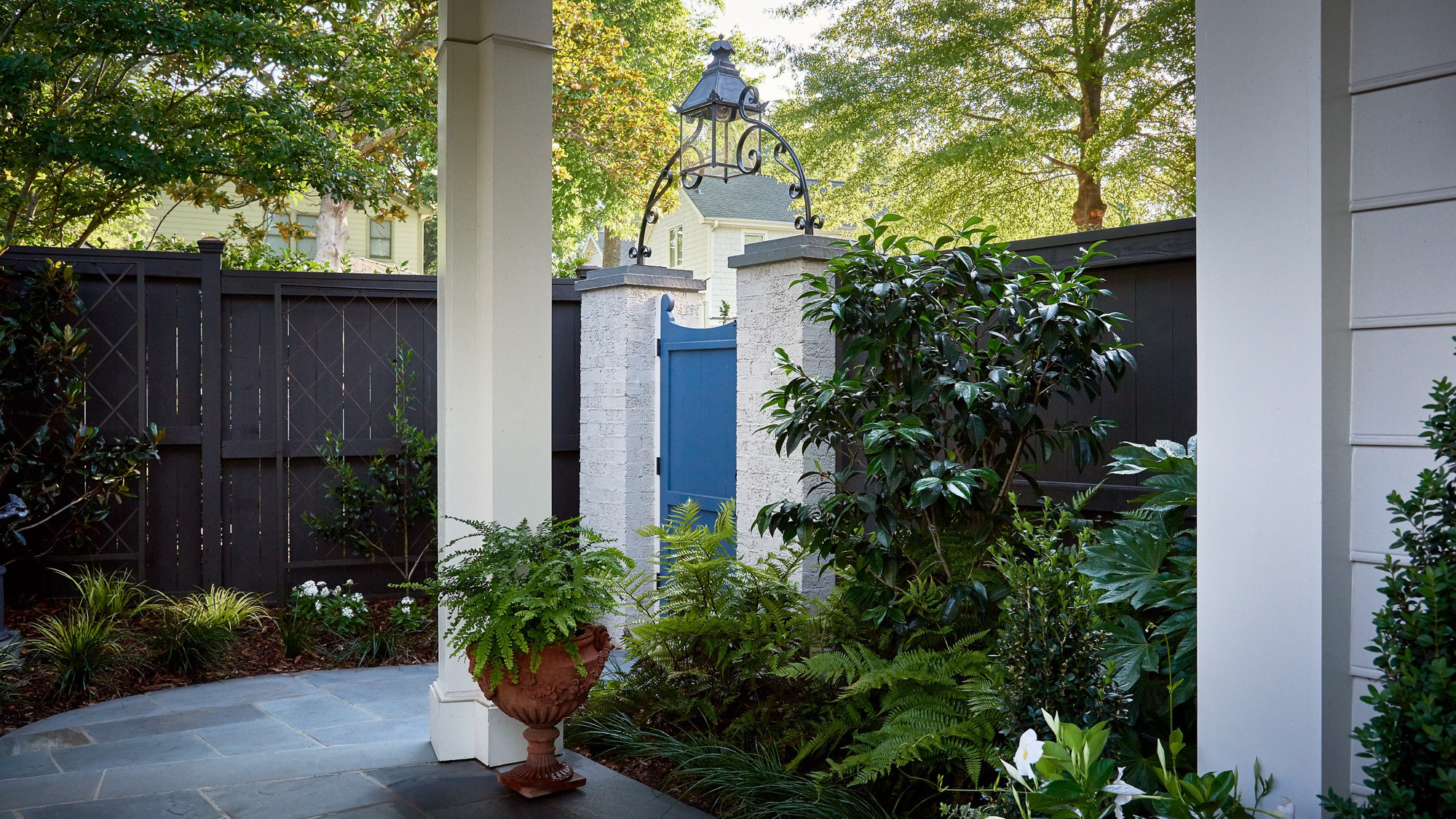 Photo of a blue garden gate in Raleigh, North Carolina